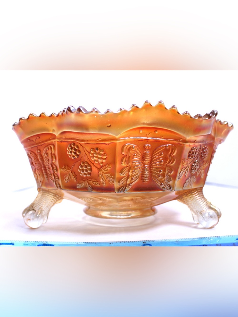 Fenton Art Glass Company “Butterfly and Berry” Footed Bowl Iridescent Marigold